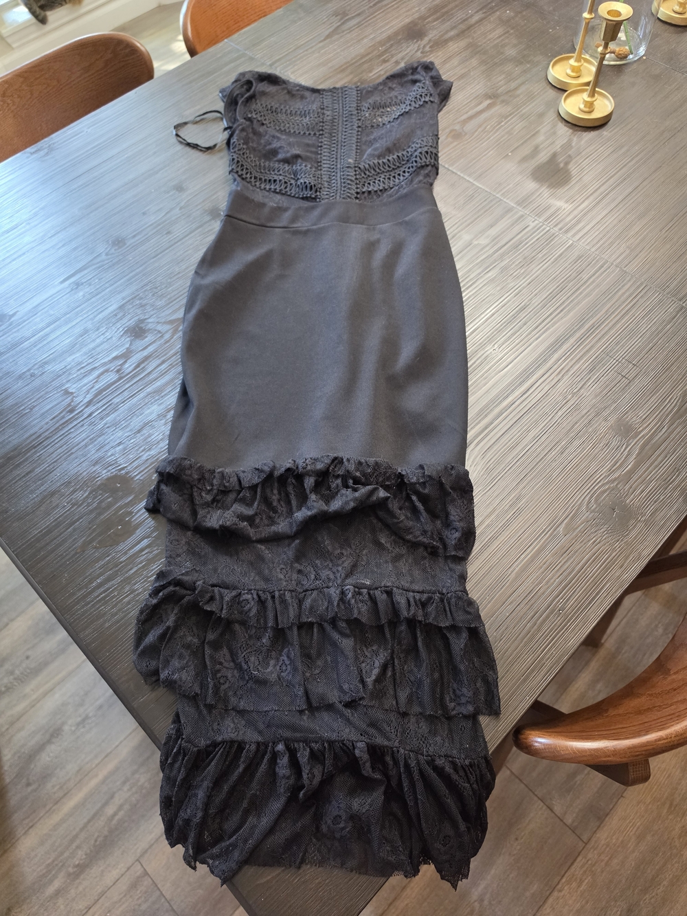 bebe Black Lace-Detail Maxi Dress with Ruffle Tiers